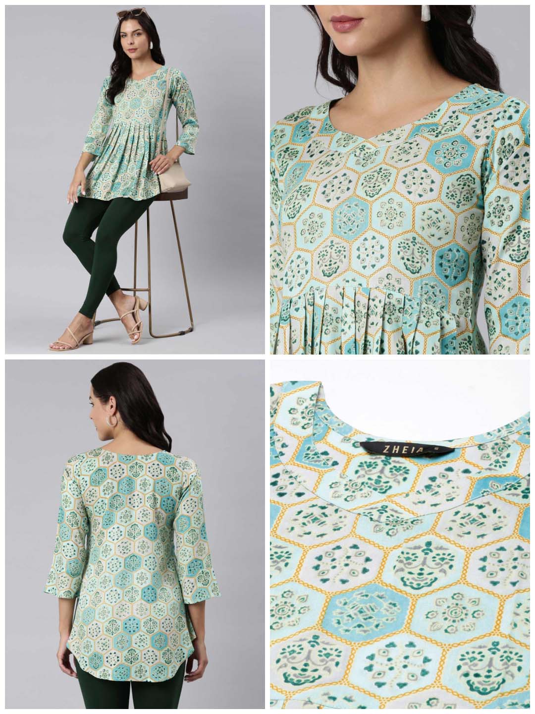 Ladies Slim Fit Teal AOP Top