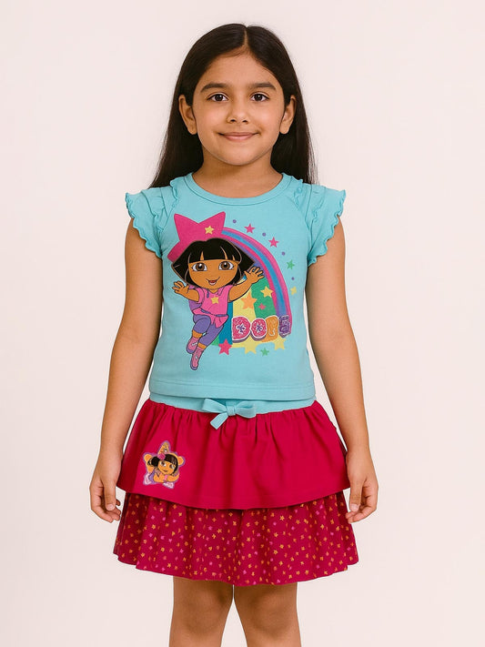 DORA Girls Printed Skirt Set | Blue