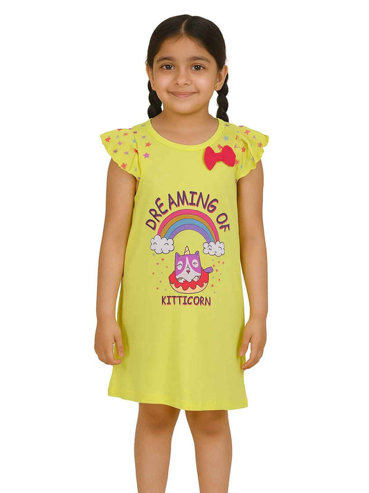GIRLS PRINTED NIGHT DRESS YELLOW