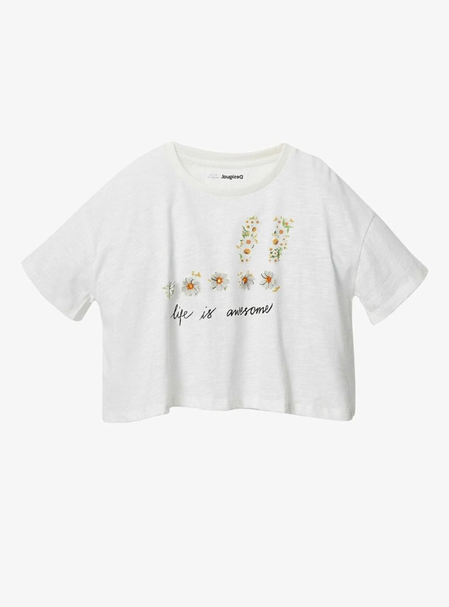 Girls White Print Crop Tee