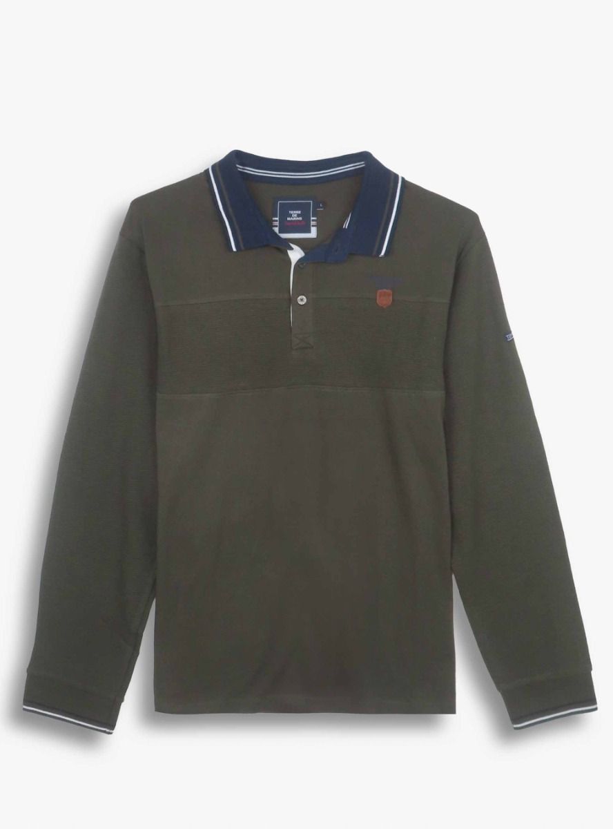 Mens Cut N Sew Long Sleeve Olive Polo