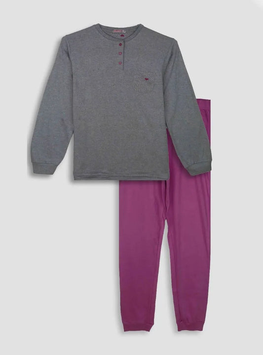 Ladies Interlock Grey Pink Pyjama Set