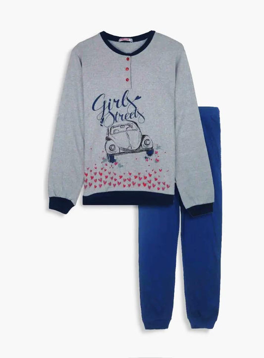 Ladies Interlock Grey-Navy Pyjama Set